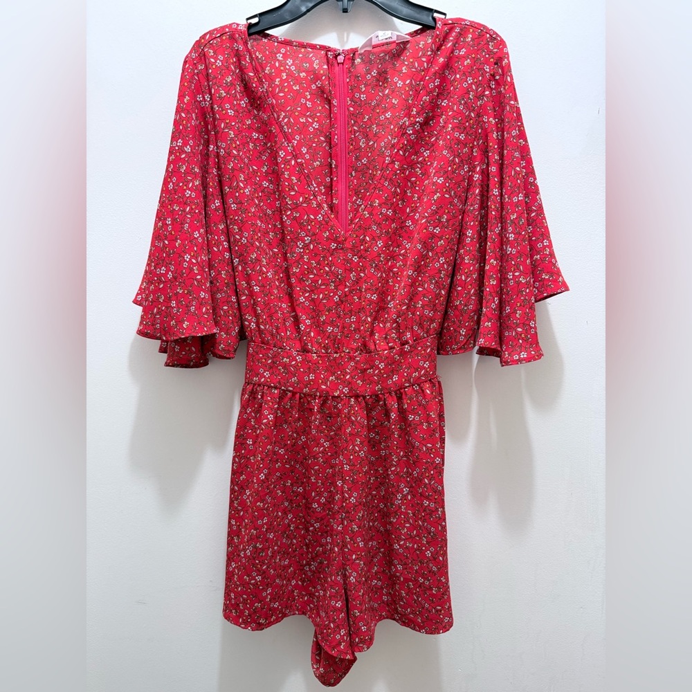 Jack by BB Dakota Red Floral Romper with Flutter Sleeves